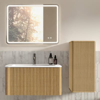 STILVORA Badmeubelset - Wandhangend Met Wastafel En Led Spiegel - Met Zijkast Voor Kleine Badkamer - Eikenkleur - 80 Cm