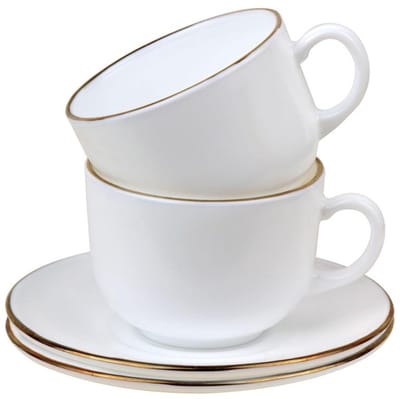KingHoff Kop en Schotel Set 12-delig - Wit Opaalglazen Koffiekopjes met Gouden Rand - 210 ml - Set voor 6 Personen