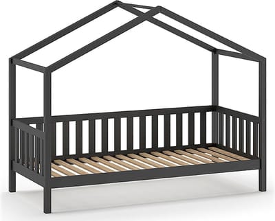 Vipack Kinderbed Dallas 90x200cm - Sofabed als Huis - Bed met Dak - Peuterbed - Ledikant - Kajuitbed - Antraciet