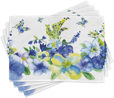 ABAKUHAUS Geel- en Blauwe placematten, Lentebloemen-aquarel, Bloem – kunstzinnig ontwerp, Tiscjdeco uit kleurvaste stoffen voor eetkamer en keuken, Koningsblauw-lindengroen