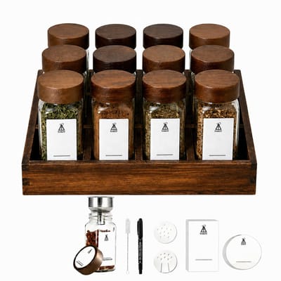 Stervia Kruidenrek - Kruiden Organizer - Kruidenpotjes met stickers - 120 ML - 12 Stuks - Glazen Potjes Met Houten Deksel - 22.5 x 16.5 x 11 cm