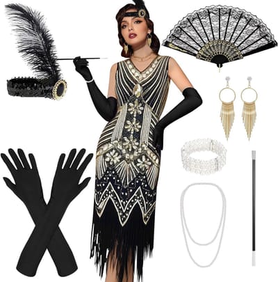 Vrouwelijk 1920s Kostuum met V-hals, Pailletten en Parels, Inclusief Accessoires voor Carnavalsfeest