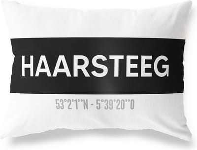 Tuinkussen HAARSTEEG - NOORD-BRABANT met coördinaten - Buitenkussen - Bootkussen - Weerbestendig - Jouw Plaats - Studio216 - Modern - Zwart-Wit - 50x30cm