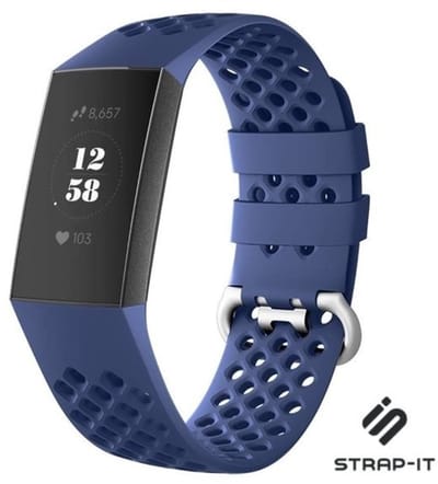 Strap-it Siliconen bandje met gaatjes - geschikt voor Fitbit Charge 3 / Fitbit Charge 4 - donkerblauw - Maat: Maat S