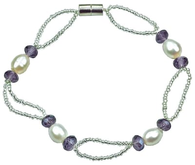 Zoetwater parel armband Pacio - echte parels - wit - paars - magneetslot - zilver - luxe sieraden zakje - parel armband dames - zoetwaterparel