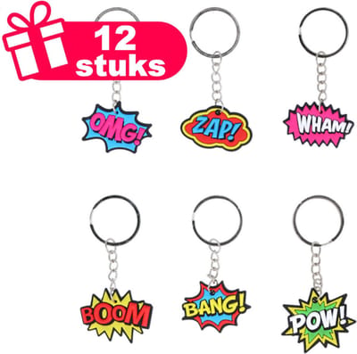 Henbrandt - 12 Stuks Mix Super Actiehelden Comic Sign Sleutelhangers - Traktatie uitdeelcadeautjes voor kinderen & peuters - Traktaties en kinderverjaardagen - Klein grabbelton speelgoed voor in traktatie uitdeelzakjes