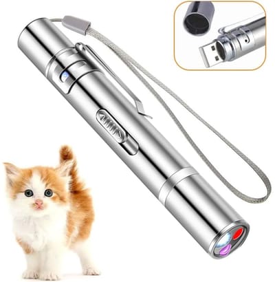 Laser Pointer - Laserlampje - Katten Laserpen - Kattenspeeltjes - 7 Verschillende Standen - Met draagkoord - USB Oplaadbaar - RVS - Zilver