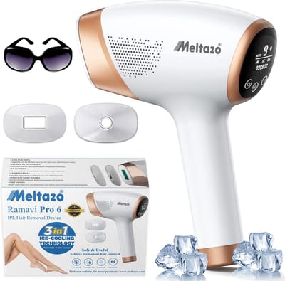 MELTAZO Ramavi Pro 6 IPL Ontharingsapparaat, 3-in-1 Pijnloze Laser Ontharing voor Lichaam & Gezicht - 1 Miljoen Flitsen - Koelfunctie & Huidsensor Haarlaser - Thuis Laser Hair Removal Device - Inclusief Zonnebril, Neustrimmer & Scheermes - 2026 Model