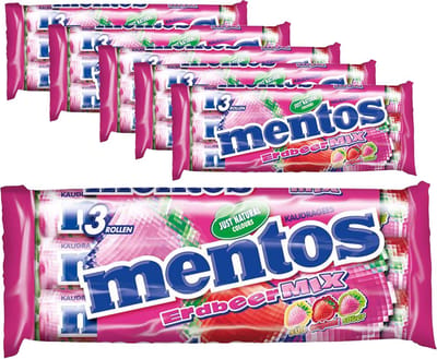 6 x 3 rollen Mentos Aardbei-Mix á 38 gram per rol - Voordeelverpakking Snoepgoed