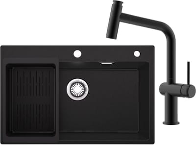 Sofetiy Max Spoelbak Antraciet 70x45CM - Granieten Spoelbakken Keuken Met T-Uitloop Keukenkraan - Enkele Spoelbak - Spoelbak Met Afdruiprek - Spoelbakken Incl. Sifon en Afvoerzeefje