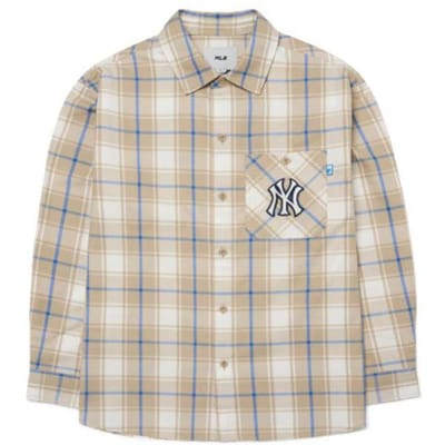 MLB New York Yankees Kleurblok Ruit Comfortabel Casual Shirt met Lange Mouwen Unisex shirts Kaki 3AWS00221-50BGS L white