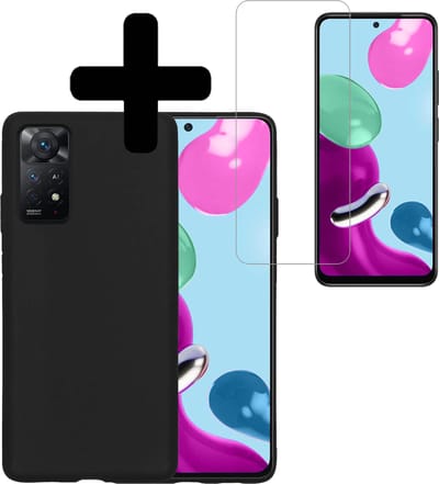 Hoesje - Met Screenprotector - Geschikt voor Xiaomi Redmi Note 11 - Sterk & Shockproof - Back Cover - Siliconen Case - Telefoon Hoes - Telefoonhoesjes - Zwart