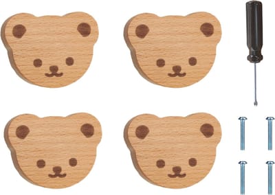 Set van 4 Deurknoppen met Beren en Gezichtsuitdrukkingen - Houten Handgrepen voor Keuken, Slaapkamer en Kasten
