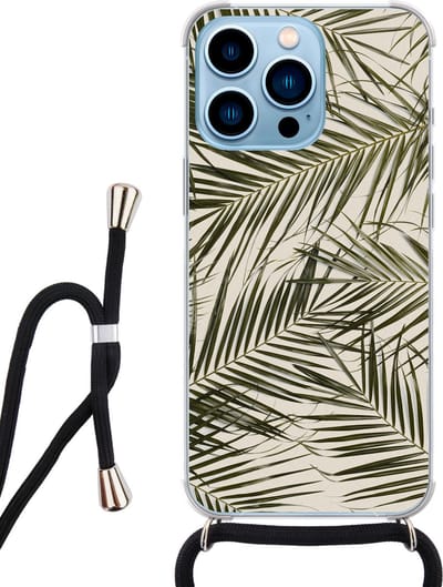 Hoesje met koord - Geschikt voor iPhone 13 Pro Max - Palmbladeren - Verstelbaar zwart koord - Transparant, Groen - Natuur - Leuke Telefoonhoesjes