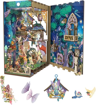 Houten Boekenhoek - Miniatuur Huis - Kamer Decoratie - Met LED Verlichting - 18 x 9.5 x 24.5 cm - Midzomernachtsdroom