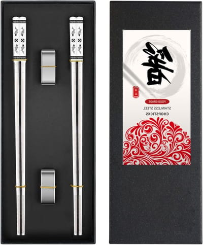 Roestvrijstalen eetstokjes set van twee, vaatwasmachinebestendig, inclusief houders en cadeauverpakking voor sushi en noedels