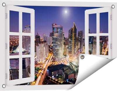 Gards Tuinposter Doorkijk Makati Stad Skyline in de Nacht in Thailand - 60x40 cm - Tuindoek - Tuindecoratie - Wanddecoratie buiten - Tuinschilderij