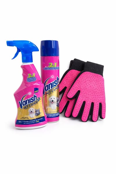 Vanish Pet Expert 3-in-1 Reinigingsset + Verzorgingshandschoenen – Krachtige Vlek- & Geurverwijderaar voor Huisdieren