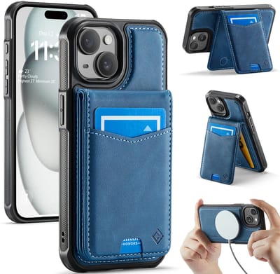 Casemania Hoesje Geschikt voor Apple iPhone 15 - Navy Blue - Geschikt voor MagSafe - Back Cover met Afneembare Magnetische Pasjeshouder met Standaard - Telefoonhoesje en Kaarthouder