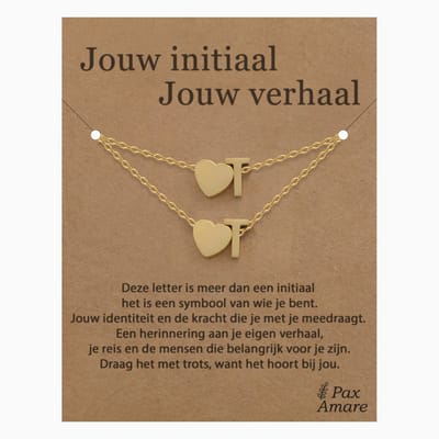 Letter T ketting + armband set op Cadeau Kaartje - Jouw initiaal, jouw verhaal - Goudkleurig Stainless Steel - Initiaal & Hartje Hanger - Pax Amare