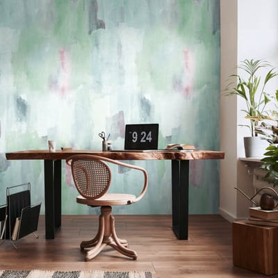 Fotobehang Profhome 782071-GU vliesbehang glad in aquarel stijl mat groen roze pastelturquoise lichtblauw 1,59 m x 2,8 m