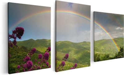 Artaza Canvas Schilderij Drieluik Regenboog in de Heuvel Bossen - 120x60 - Foto Op Canvas - Canvas Print