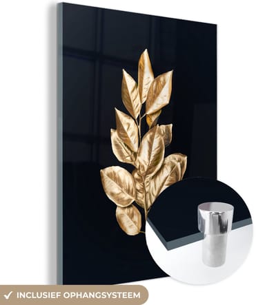MuchoWow® Glasschilderij 120x160 cm - Schilderij acrylglas - Plant - Bladeren - Goud - Zwart - Luxe - Foto op glas - Schilderijen