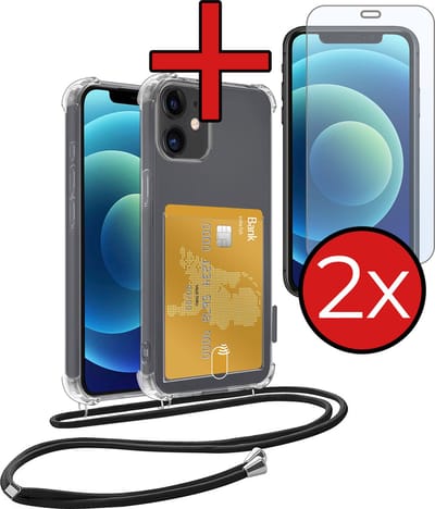 Hoesje Geschikt voor iPhone 12 Hoesje Met Telefoonkoord en Pasjeshouder Met 2x Screenprotector Siliconen - Hoes Geschikt voor iPhone 12 Hoesje Met Kaarthouder Shock Proof Case - Transparant