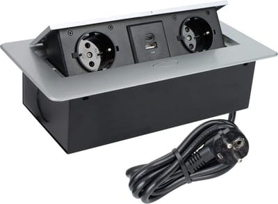 Design Light Kombibox - Stekkerdoos - 2 stopcontacten - USB A en USB C - Inbouw Stekkerblok met 1.5 meter kabel - Zilver