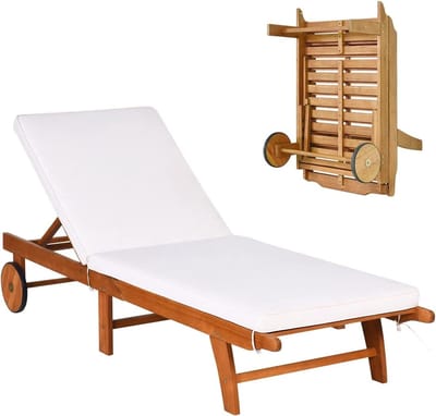 Opvouwbare ligstoel - Relaxstoel wieltjes - Zonnen tuin - Verstelbare rugleuning - 195 cm lengte - Natuurlijk hout