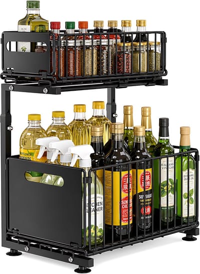 Keukenkast Organizer Uitschuifbaar - 2-Laags Gootsteenkast Organizer met Dubbele Schuiflades - Hoogte Verstelbaar 41-48,5 cm - Koolstofstalen Opbergrek 33 x 26,5 cm voor Keuken, Badkamer en Voorraadkast - Zwart