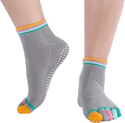 Yoga Sokken Full Toe I Volle Teen Yoga Sok I Met Anti Slip Onderkant I Antislip Sokken I Pilates Sokken I Maat 36-40 I Grijs Met Kleurrijke Tenen