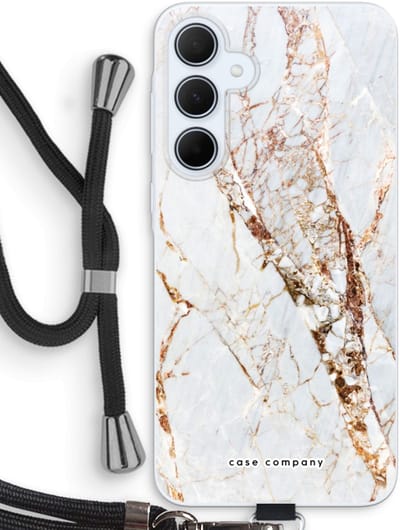 Case Company® - Hoesje met koord geschikt voor Samsung Galaxy A35 hoesje met Koord - Goud marmer - Telefoonhoesje met Zwart Koord - Bescherming aan alle Kanten en Over de Schermrand