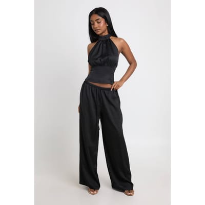 boohoo Dames Gestructureerde Geweven Hoge Hals Top En Wijde Pijpen Broek Set | Zwart | Maat: 36