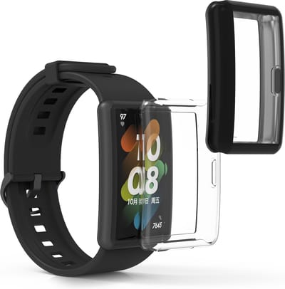 kwmobile 2x smartwatch hoes geschikt voor HONOR Band 7 / Band 6 / Huawei Band 7 / Band 6 hoesje - Siliconen sporthorloge cover - Activity tracker case in zwart / transparant
