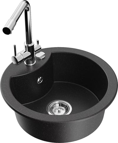 Mexen Diego granieten spoelbak met 1 bak en Duero keukenkraan, zwart/zilver metallic - 6512-73-671600-00