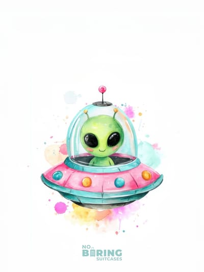 Kinderkoffer blauw - Groene alien in kleurrijke UFO
