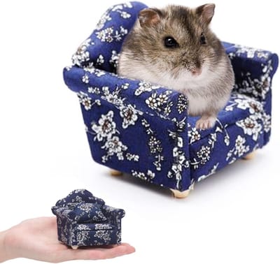 Daity Hamster Mini Katoenen Sofastoel - Klein Dierlijk Blauw Comfortabel Bed met Kussen - Kooi Decoratief Foto Speelgoed - Ontspanningsverblijf Woonaccessoires - Slaapmat Rustnest voor Hamsters - Muizen - Ratten.