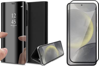 Hoesje geschikt voor Samsung Galaxy S24 - Screenprotector Volledig Dekkend Glas - Spiegel Book Case Zwart