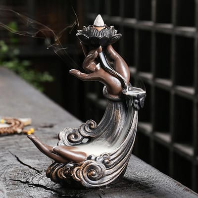 Brûleur d'encens à reflux en résine pour aromathérapie, encensoir créatif zen, main de Bouddha, cascade, ornement pour la maison, artisanat black