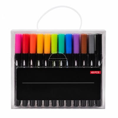 Dubbelzijdige contourstiften - set van 48 met zwarte houder - metallic glanseffect - ronde punt - in PP-doos