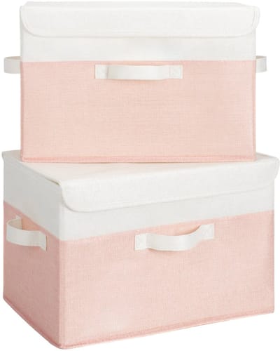 SAYS Opbergboxen met Deksel, Pak van 2 Stoffen Opbergdozen met Deksels, Opbergbakken met Deksel, Kledingkast Organizer Opbergen en Organiseren, Opvouwbare Opbergdoos voor Kleding - Wit&Roze