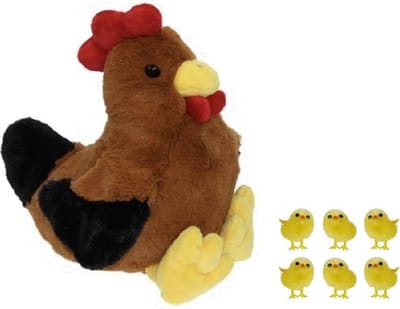 Decoris Pluche bruine kippen knuffel - 25 cm - met 6x stuks mini kuikentjes 3.5 cm - Paas/pasen decoratie