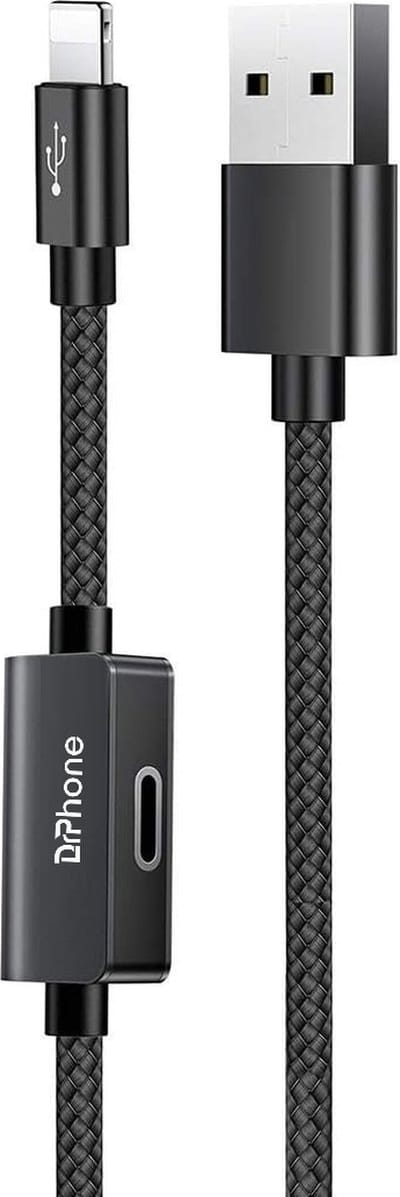 DrPhone VibeConnect – Nylon Lightning Naar USB2.0 Kabel – Tegelijk Laden En Muziek Luisteren – 1 Meter – Data Transmissie - Zwart