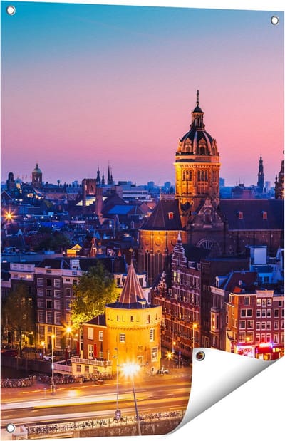 Gards Tuinposter Amsterdam Skyline bij Zonsondergang - 60x80 cm - Tuindoek - Tuindecoratie - Wanddecoratie buiten - Tuinschilderij