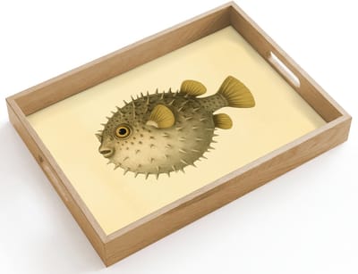 Dienblad hout 40x30 cm - Schootdienblad - Stekels - Vis - Opgeblazen - Bruin - Borrelplank rechthoek - Plateau dienbladen