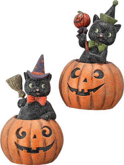Viv! Christmas Halloween Decoratie Beeld - Zwarte Kat in Pompoen - set van 2 - 27 cm