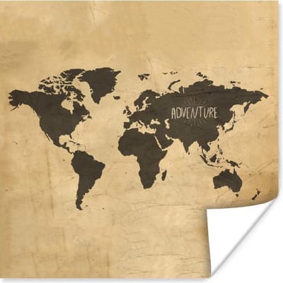 Poster 30x30 cm - Wereldkaart - Bruin - Vintage - Posters - Kamer decoratie - Wanddecoratie woonkamer - Muurdecoratie slaapkamer