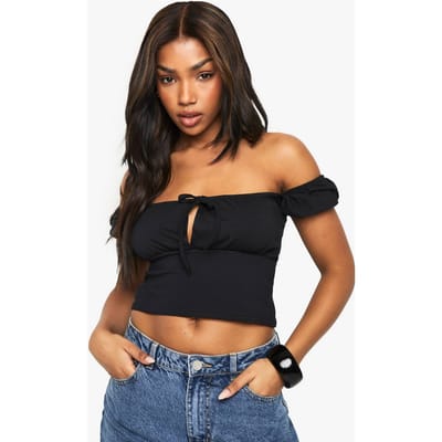boohoo Dames Katoenen top met strikdetail aan de voorkant – Milkamid Top | Black | Maat: 10