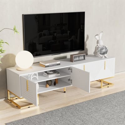 REDOM - Lowboard - Spaanplaat met textuur en lijnen - met verticale gouden grepen - 170*40*45,5cm White